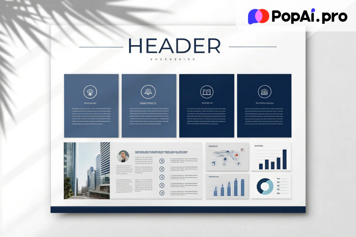 A professional business PowerPoint slide template with a clean white and navy blue color scheme